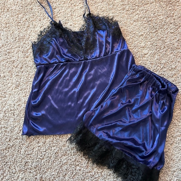 None Other - Midnight Blue Elegant Eye Lash Lace Trim Sleepwear Set Size S